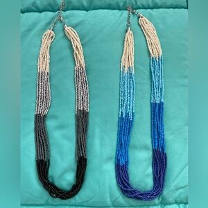 2 Beaded Necklace Sets- Black, & Gray and Blues & Cream
